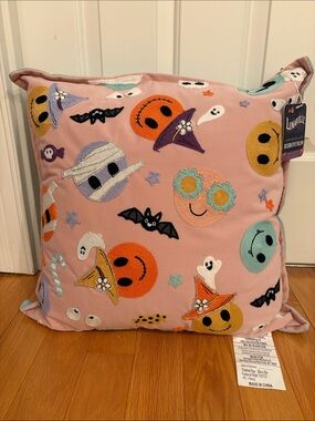 Lunaville Pink Halloween Embroidered on Velvet Smiley Face Pillow
